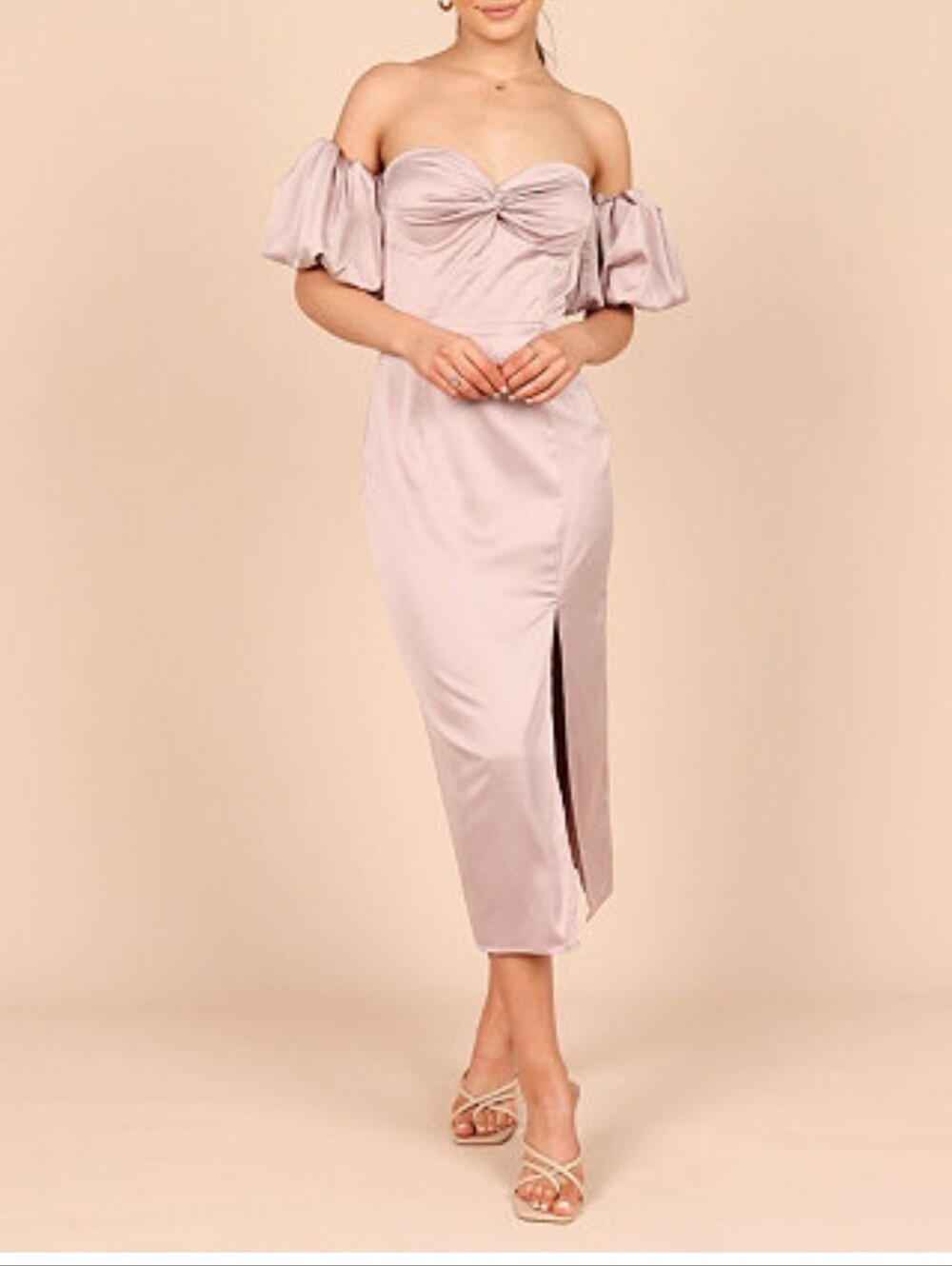 Petal & Pup Taupe Cowl Neck Midi Dress with Ruched Sleeves